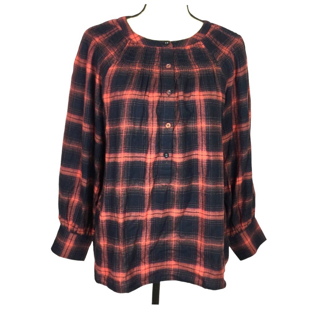 LOFT Ann Taylor CORAL & NAVY PLAID Flannel Popover Top SMOCKED Poet Peasant XS